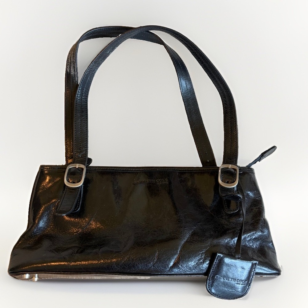 Vintage 90s Y2K Kenneth Cole Black Leather Baguette Shoulder Bag Matrix Grunge